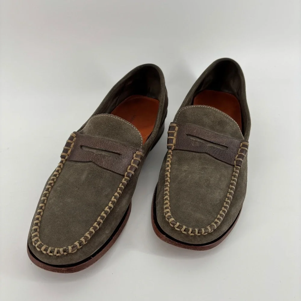 Martin Dingman Mens Penny Loafers 9M Olive Green Suede Leather Handcrafted